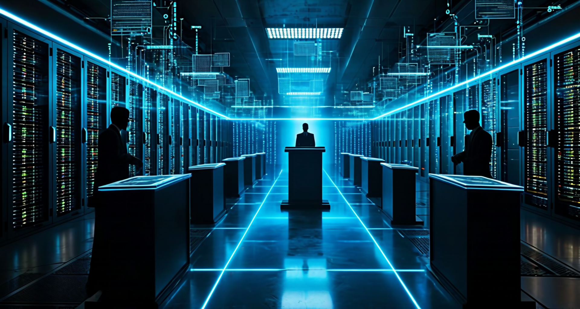 A courtroom reimagined as a server room — legal documents as data streams, infrastructure on trial