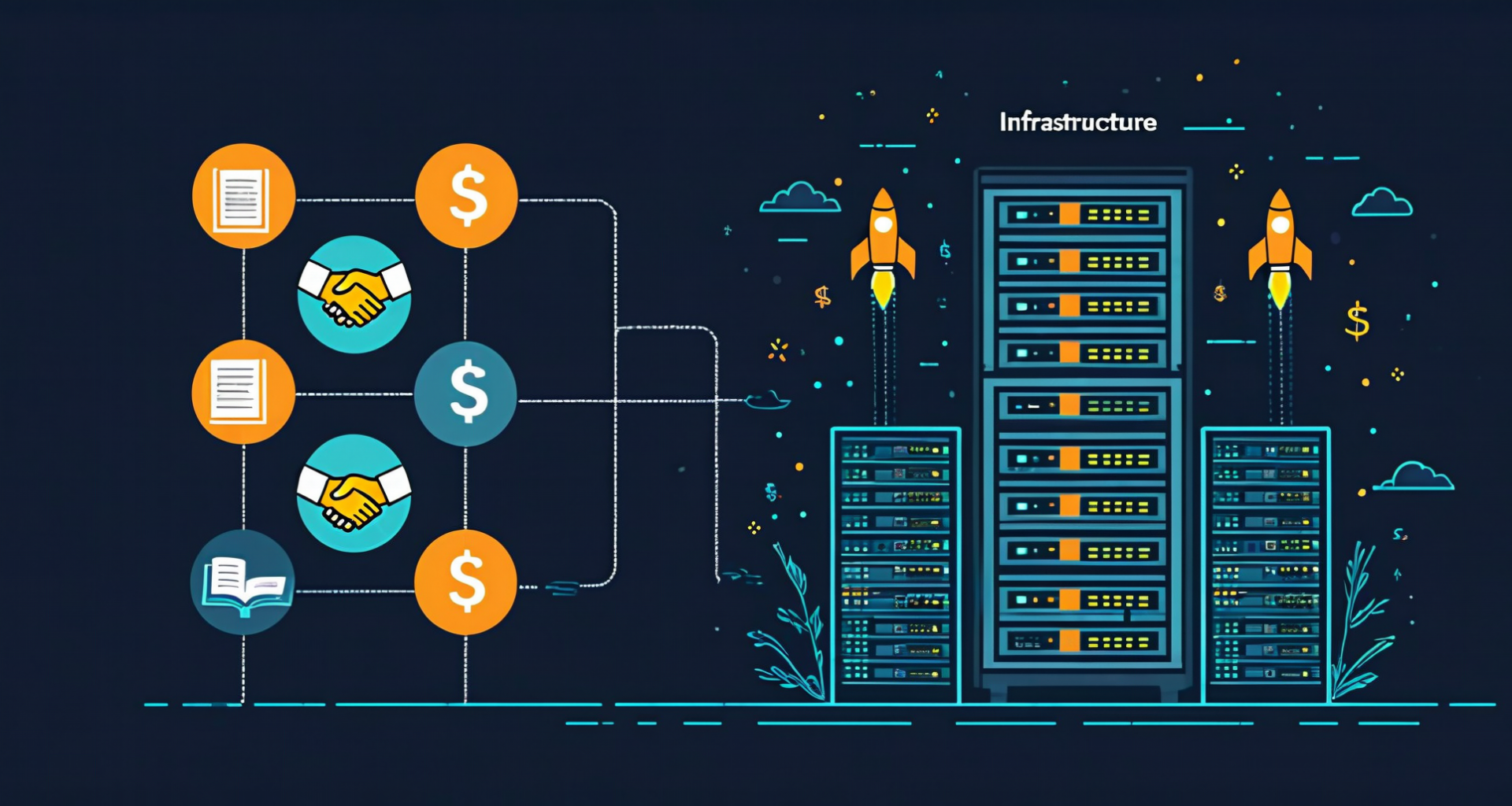 Flat editorial illustration: nonprofit mission connected by a single wire to for-profit infrastructure